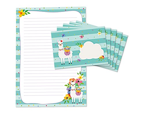 JuNa-Expe​​rten Briefblock mit Umschlag für Kinder "Lama" – Liniertes A4 Briefpapier-Set für Mädchen und Jungen, 25 Blätter + 15 Umschläge, Lama-Design für kreative Einladungen von JuNa-Experten