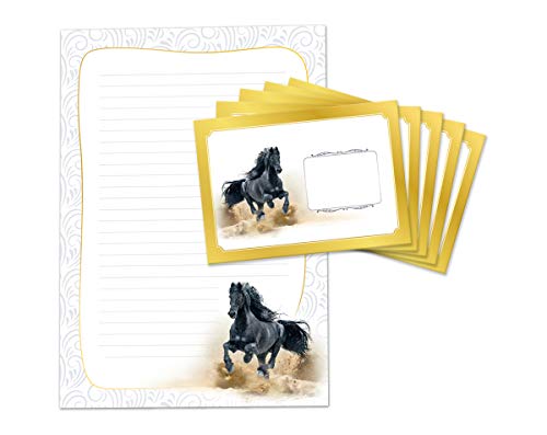 Briefblock mit Umschlag für Kinder Pferd schwarz Briefpapier-Set (Block A4 mit 25 Blätter + 15 Umschläge) von JuNa-Experten