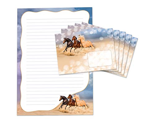 Briefblock mit Umschlag für Kinder – Drei Pferde Briefpapier-Set (A4, 25 Blätter + 15 Umschläge) für Mädchen & Jungen von JuNa-Experten