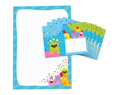 Briefblock mit Umschlag für Kinder lustige Monster Briefpapier-Set (Block A4 mit 25 Blätter + 15 Umschläge) von JuNa-Experten