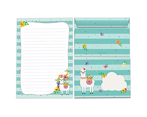 JuNa-Expe​​rten Briefpapier-Set "Lama" für Mädchen – Liniertes A5 Briefblock mit 25 Blättern + 15 Umschläge, Süßes Lama-Design für kreative Schreibprojekte und Einladungen von JuNa-Experten
