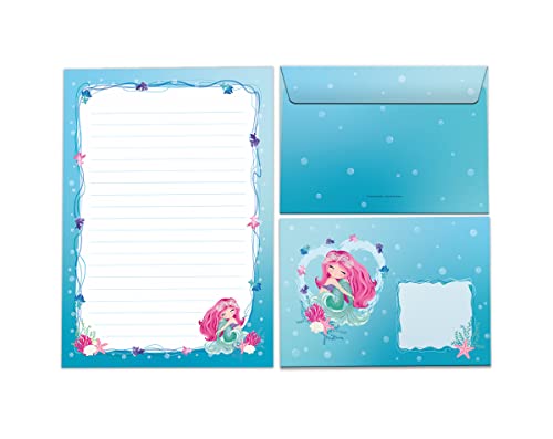 Briefpapier-Set Briefblock in A5 mit Umschlägen Kindermotiv Meerjungfrau für Mädchen (Block A5 mit 25 Blätter + 15 Umschläge) von JuNa-Experten