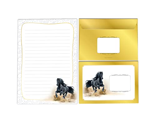 Briefpapier-Set Briefblock in A5 mit Umschlägen Kindermotiv Pferd schwarz für Mädchen (Block A5 mit 25 Blätter + 15 Umschläge) von JuNa-Experten