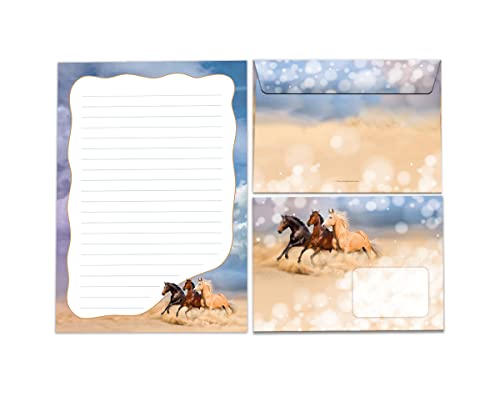Briefpapier-Set Briefblock in A5 mit Umschlägen Kindermotiv drei Pferde für Mädchen (Block A5 mit 25 Blätter + 15 Umschläge) von JuNa-Experten