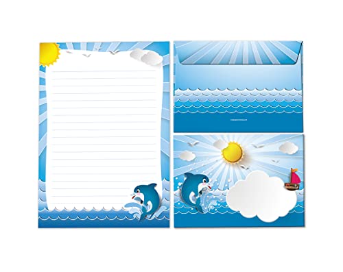 Briefpapier-Set Briefblock mit Umschlägen Kindermotiv Delfin für Mädchen Jungen (Block A5 mit 25 Blätter + 15 Umschläge) von JuNa-Experten