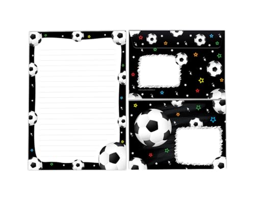 JuNa-Expe​​rten Briefpapier-Set "Fußball" für Jungen – Liniertes A5 Briefblock mit 25 Blättern + 15 Umschläge, Cooles Fußball-Design in Schwarz für kreative Schreibprojekte und Einladungen von JuNa-Experten