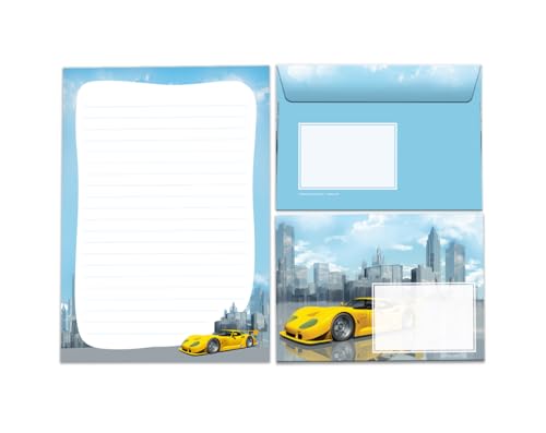 Briefpapier-Set Briefblock mit Umschlag für Jungen Jungs Kinder Rennauto gelb Kindermotiv Briefbögenblock liniert (Block A5 mit 25 Blätter + 15 Umschläge) von JuNa-Experten