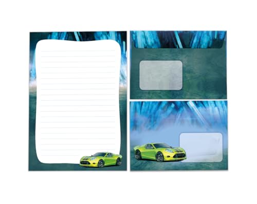 Briefpapier-Set Briefblock mit Umschlag für Jungen Jungs Kinder Rennauto grün Kindermotiv Briefbögenblock liniert (Block A5 mit 25 Blätter + 15 Umschläge) von JuNa-Experten
