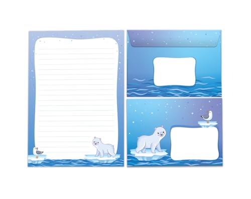 Briefpapier-Set Briefblock mit Umschlag für Mädchen Jungen Kindermotiv Eisbär Tiere Briefbögenblock liniert (Block A5 mit 25 Blätter + 15 Umschläge) von JuNa-Experten