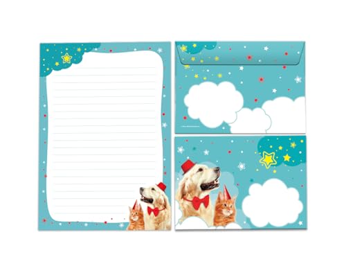 Briefpapier-Set Briefblock mit Umschlag für Mädchen Jungen Kindermotiv Katze und Hund Briefbögenblock liniert (Block A5 mit 25 Blätter + 15 Umschläge) von JuNa-Experten
