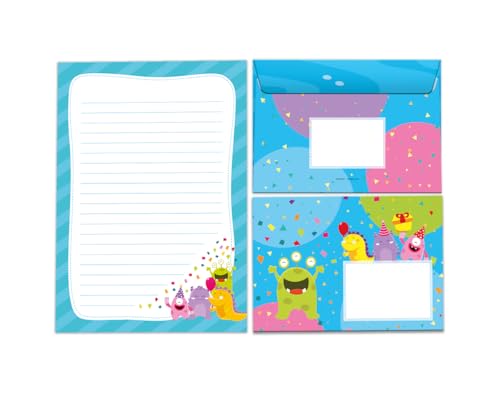 Briefpapier-Set Briefblock mit Umschlag für Mädchen Jungen Kindermotiv Monster Briefbögenblock liniert (Block A5 mit 25 Blätter + 15 Umschläge) von JuNa-Experten