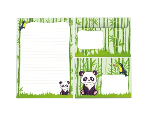 Briefpapier-Set Briefblock mit Umschlag für Mädchen Jungen Kindermotiv Panda Tiere Briefbögenblock liniert (Block A5 mit 25 Blätter + 15 Umschläge) von JuNa-Experten