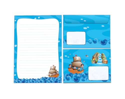 Briefpapier-Set Briefblock mit Umschlag für Mädchen Jungen Kindermotiv Piraten Briefbögenblock liniert (Block A5 mit 25 Blätter + 15 Umschläge) von JuNa-Experten