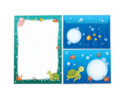 Briefpapier-Set Briefblock mit Umschlag für Mädchen Jungen Kindermotiv Schildkröte Tiere Briefbögenblock liniert (Block A5 mit 25 Blätter + 15 Umschläge) von JuNa-Experten