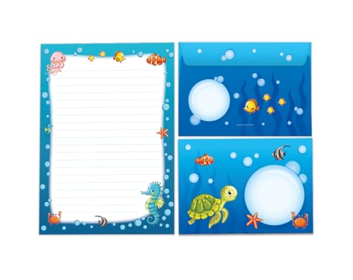 Briefpapier-Set Briefblock mit Umschlag für Mädchen Jungen Kindermotiv Seepferd Tiere Briefbögenblock liniert (Block A5 mit 25 Blätter + 15 Umschläge) von JuNa-Experten