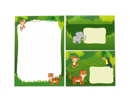 Briefpapier-Set Briefblock mit Umschlag für Mädchen Jungen Kindermotiv Tiger Tiere Briefbögenblock liniert (Block A5 mit 25 Blätter + 15 Umschläge) von JuNa-Experten