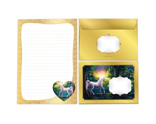 Briefpapier-Set Briefblock mit Umschlag für Mädchen Kindermotiv Einhorn Unicorn Pferd Briefbögenblock liniert (Block A5 mit 25 Blätter + 15 Umschläge) von JuNa-Experten