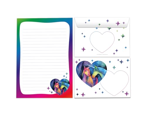 Briefpapier-Set Briefblock mit Umschlag für Mädchen Kindermotiv Einhorn zwei Einhörner Unicorn Briefbögenblock liniert (Block A5 mit 25 Blätter + 15 Umschläge) von JuNa-Experten