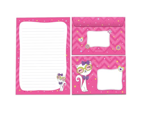 Briefpapier-Set Briefblock mit Umschlag für Mädchen Kindermotiv Katze Briefbögenblock liniert (Block A5 mit 25 Blätter + 15 Umschläge) von JuNa-Experten