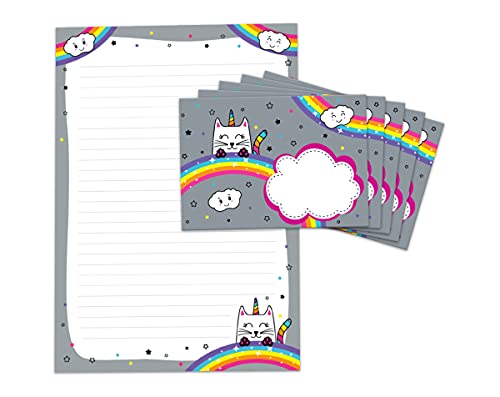 Briefpapier-Set Einhorn-Katze für Kinder Mädchen Briefblock liniert mit Umschlägen Umschlag (Block A4 mit 25 Blätter + 15 Umschläge) von JuNa-Experten