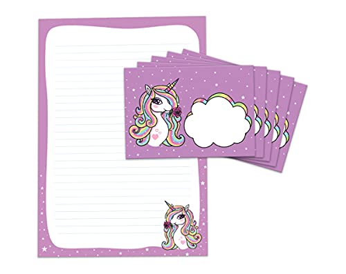 Briefpapier-Set Einhorn für Kinder Mädchen Briefblock liniert mit Umschlägen Umschlag (Block A4 mit 25 Blätter + 15 Umschläge) von JuNa-Experten