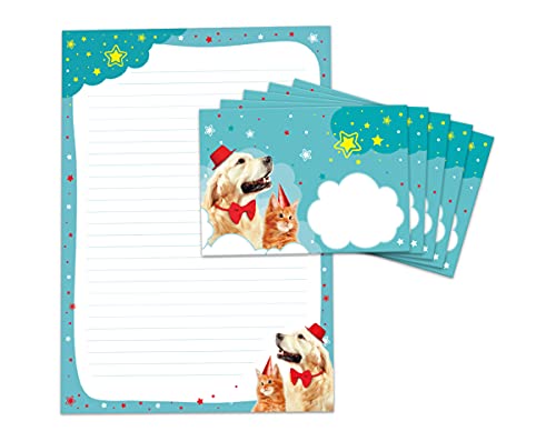 Briefpapier-Set Hund und Katze für Kinder Mädchen Briefblock liniert mit Umschlägen Umschlag (Block A4 mit 25 Blätter + 15 Umschläge) von JuNa-Experten