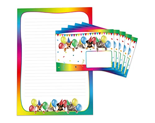Briefpapier-Set Hunde und Katzen für Kinder Mädchen Briefblock liniert mit Umschlägen Umschlag (Block A4 mit 25 Blätter + 15 Umschläge) von JuNa-Experten