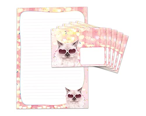 Briefpapier-Set Katze für Kinder Mädchen Briefblock liniert mit Umschlägen Umschlag (Block A4 mit 25 Blätter + 15 Umschläge) von JuNa-Experten