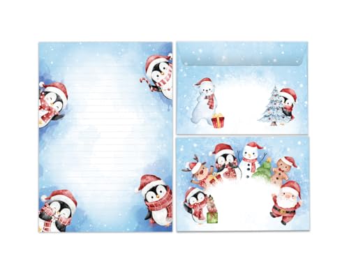 Briefpapier Set Kinder Weihnachten Weihnachtsmotiv Pinguin Blöcke Umschläge Kindermotiv für Mädchen Jungen Weihnachtsbriefpapier (Block A5 mit 25 Blätter + 15 Umschläge) von JuNa-Experten