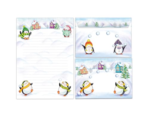 Briefpapier Set Kinder Weihnachten Weihnachtsmotiv Pinguine Blöcke Umschläge Kindermotiv für Mädchen Jungen Weihnachtsbriefpapier (Block A5 mit 25 Blätter + 15 Umschläge) von JuNa-Experten