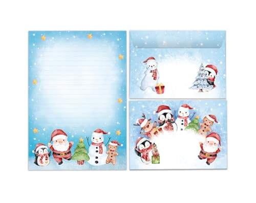 Briefpapier Set Weihnachten Pinguin Weihnachtsmann Weihnachtsmotiv Weihnachtsbriefpapier Blöcke Umschläge Kindermotiv für Mädchen Jungen (Block A5 mit 25 Blätter + 15 Umschläge) von JuNa-Experten