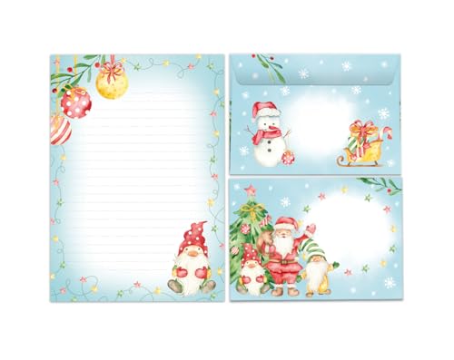 Briefpapier Set Weihnachten Weihnachtsmotiv Gnome Blöcke Umschläge Kindermotiv für Jungen Mädchen Weihnachtsbriefpapier (Block A5 mit 25 Blätter + 15 Umschläge) von JuNa-Experten