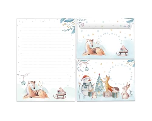Briefpapier Set Weihnachten Weihnachtsmotiv Reh Blöcke Umschläge Kindermotiv für Jungen Mädchen Weihnachtsbriefpapier (Block A5 mit 25 Blätter + 15 Umschläge) von JuNa-Experten