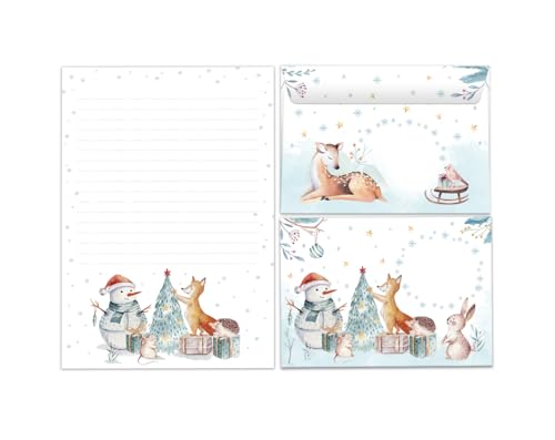 Briefpapier Set Weihnachten Weihnachtsmotiv Schneemann Blöcke Umschläge Kindermotiv für Jungen Mädchen Weihnachtsbriefpapier (Block A5 mit 25 Blätter + 15 Umschläge) von JuNa-Experten