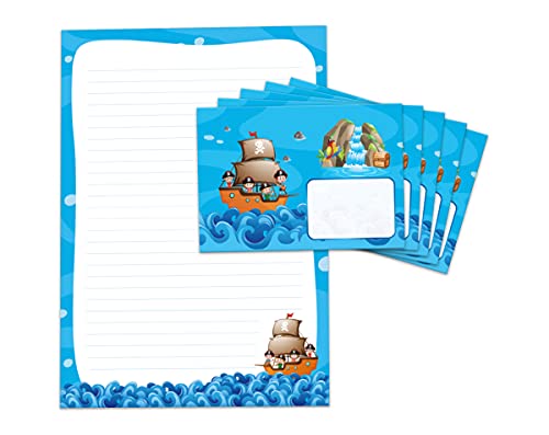 Briefpapier-Set für Kinder Piraten Briefblock liniert mit Umschlägen Umschlag Mädchen Jungen Jungs (Block A4 mit 25 Blätter + 15 Umschläge) von JuNa-Experten