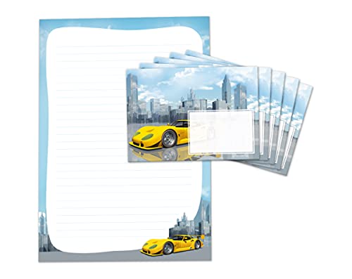Briefpapier-Set für Kinder Rennauto Auto Briefblock liniert mit Umschlägen Umschlag Jungen Jungs (Block A4 mit 25 Blätter + 15 Umschläge) von JuNa-Experten