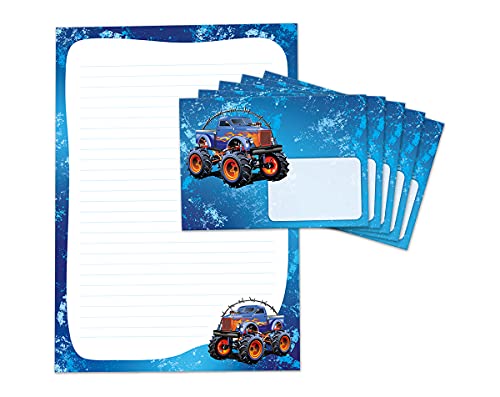 Briefpapier mit Umschlag für Kinder Truck Monstertruck blau Brieblock mit Umschlägen Jungen Briefpapier-Set (Block A4 mit 25 Blätter + 15 Umschläge) von JuNa-Experten