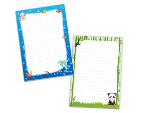 Schreibblock Blöcke Kindermotiv Tiere Notizblöcke mit Linien für Mädchen Jungen Briefblock Notizblock liniert 2er Set (2 Blöcke: Delfin, Panda mit je 25 Blätter in A5-Format) von JuNa-Experten
