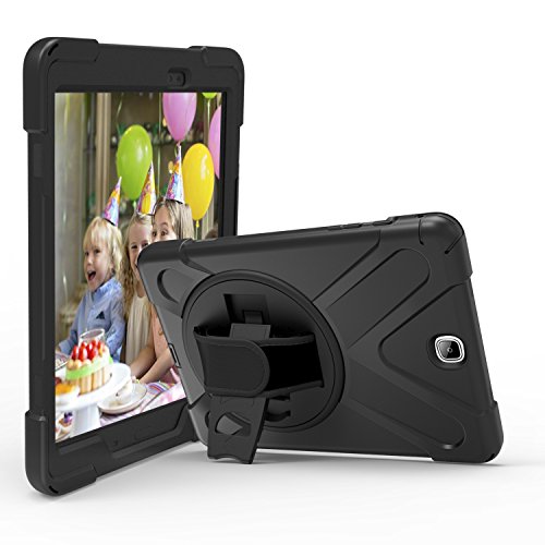 Juaupepo Robuste Schutzhülle für Samsung Galaxy Tab A 9.7-2015 (SM-T550 T555 SM-P550 P555), tragbare Hybrid-Schutzhülle mit 360° drehbarem Klettverschluss und Schultergurt, Schwarz von Juaupepo