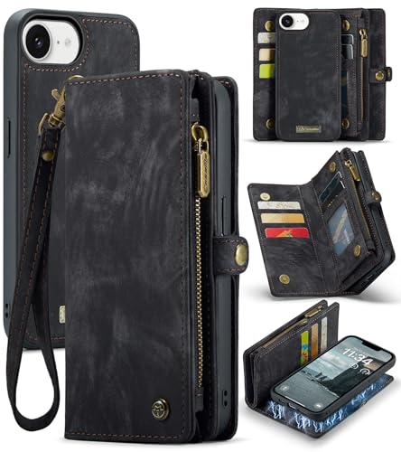 Juaupepo Wallet Case All-in-1 für iPhone 16e 6.1"(2025 Freigabe), Zipper Purse Flip Folio Leder Wallet mit Kartenhalter Handgelenk Strap abnehmbar Magnetic Shockproof Schutzhülle für iPhone 16E von Juaupepo