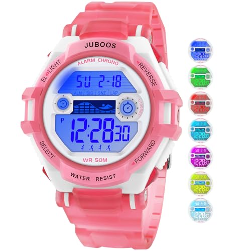 Juboos Kinder Digitaluhren,7 Farben LED-Licht Kinder Sport Armbanduhr Jungen Wasserdicht Kinderuhr mit Alarm Stoppuhr,Kinderuhren Outdoor Armbanduhr für Jungen Mädchen 5-18 (Fleischrosa) von Juboos