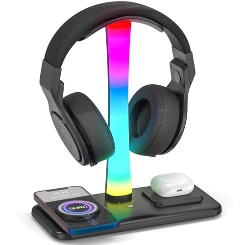 Jubor 3 in 1 RGB Gamning Kopfhörer Ständer, Headset Halterung mit 15W Wireless Ladegerät, Gaming Kopfhörer Halter mit 9 Lichtmodi Speicherfunktion für Alle Kopfhörer von Jubor
