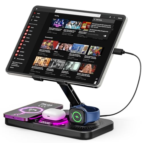 Jubor Wiederaufladbarer Tablet Halterung Tisch, Verstellbarer iPad Halterung Schreibtisch mit LED Nachtlicht, Kabelloses Handy Ladestation für Phone, iWatch, Airpods, 4"-15,6" Tablet Telefone Jubor Wiederaufladbarer Tablet Halterung Tisch, Verstellbarer iPad Halterung Schreibtisch mit LED Nachtlicht, Kabelloses Handy Ladestation für Phone, iWatch, Airpods, 4"-15,6" Tablet Telefone von Jubor