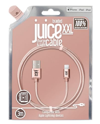Juice Apple Lightning-Kabel, 3 m, geflochten, umweltfreundlich, Roségold, iPhone 14, Max, Pro, Plus, iPhone 13, Max, Pro und Mini, iPhone 12, Max, Pro und Mini, iPhone 11, Pro, X, Xr, iPhone 8, 7, 6, von Juice