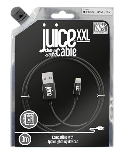 Juice XXL 3 m Apple Lightning-Kabel, MFI-zertifiziertes USB-auf-iPhone-Ladegerät, langes langlebiges iPad-Kabel für Apple-Geräte (schwarz) von Juice