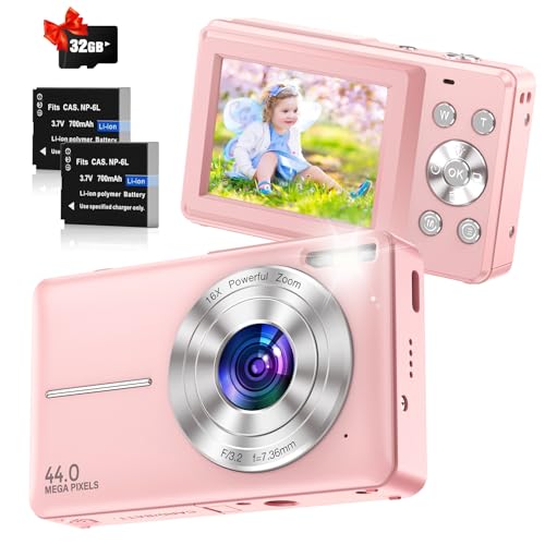 Digitalkamera 1080P 44MP Fotokamera Kompaktkamera Digitale Fotoapparat mit 16X Zoom, 32 GB Karte, 2 Akku 2,4" LCD Digitalkameras für Jugendliche Anfänger Jungen Mädchen(Rosa) von Jukanur
