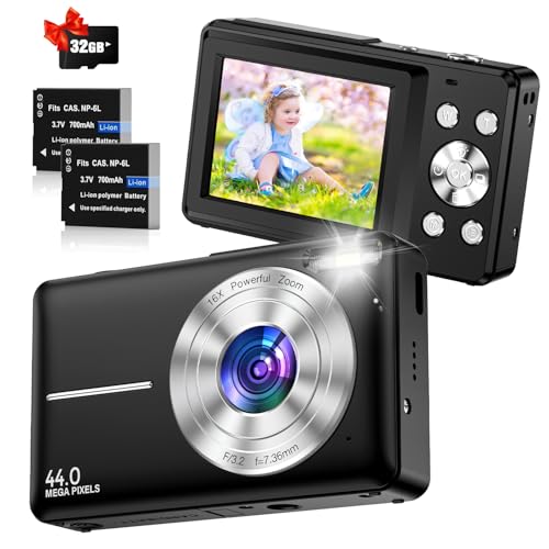 Digitalkamera 1080P 44MP Fotokamera Kompaktkamera Digitale Fotoapparat mit 16X Zoom, 32 GB Karte,2 Akku 2,4" LCD Digitalkameras für Jugendliche Anfänger Jungen Mädchen(Schwarz) von Jukanur