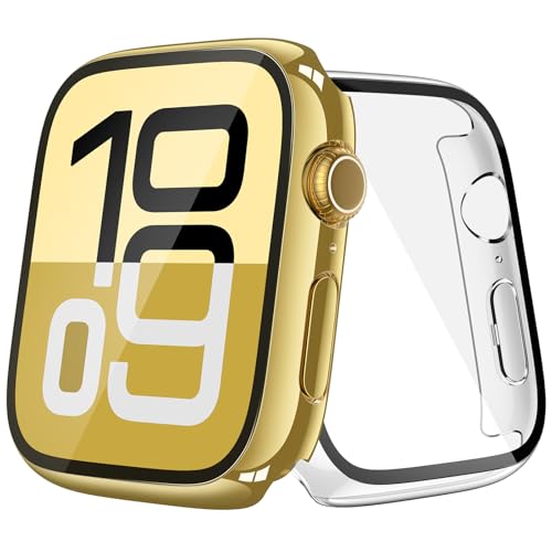 JULK [2 Pack] Goldene Schutzhülle mit Displayschutzfolie für Apple Watch 2024 Serie 10, 46 mm, 9H gehärtetes Glas mit ultradünner harter Schutzhülle für iWatch [1 Gold + 1 Transparent] von Julk