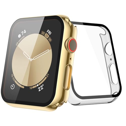 JULK Schutzhülle für Apple Watch SE 2024, 44 mm, eingebauter HD-empfindlicher Displayschutz aus gehärtetem Glas, iWatch-Schutzhülle, kompatibel mit Apple Watch Serie SE/6/5/4 (1 Gold + 1 transparent von Julk