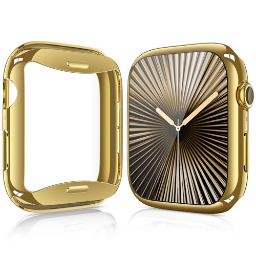 Julk Schutzhülle für Apple Watch Serie 10 (2024), 42 mm, Ganzkörper-weiche TPU-Displayschutzfolie, ultradünne Schutzhülle, rundum stoßfester Schutz, 42 mm, 1 goldfarben + 1 durchsichtig, 2 Stück von Julk